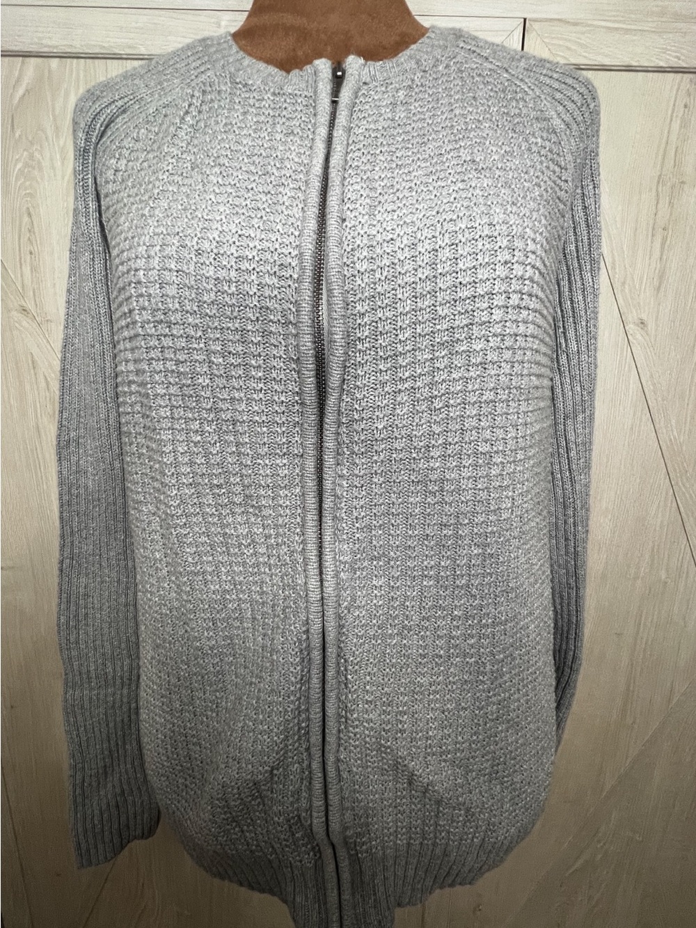 Liz Claiborne Gray Cotton Waffle Knit Full Zip Cardigan Sweater Size L